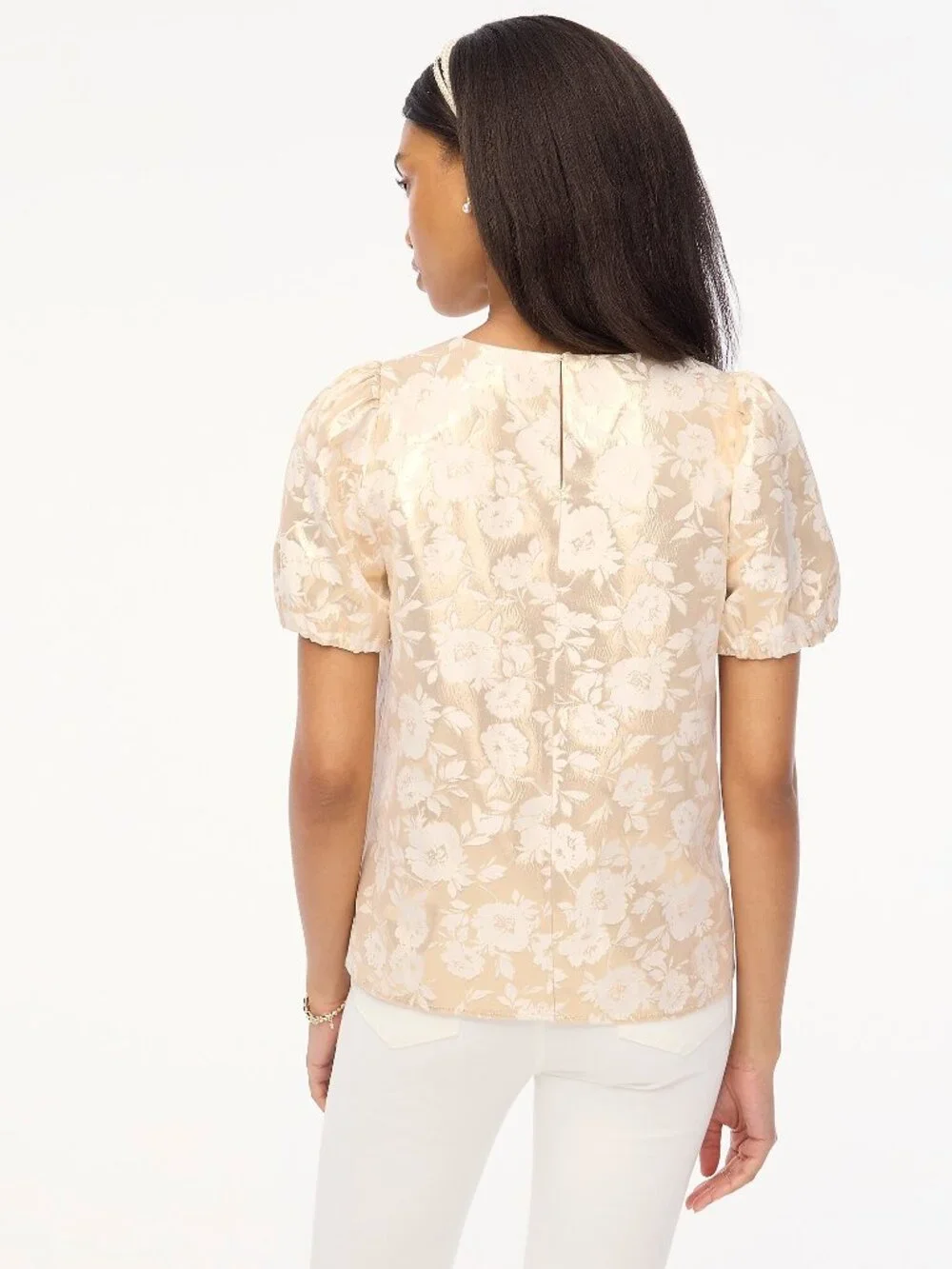 NWT J. Crew Size Small Gold Cream Metallic Jacquard Puff Sleeve Blouse Top NEW